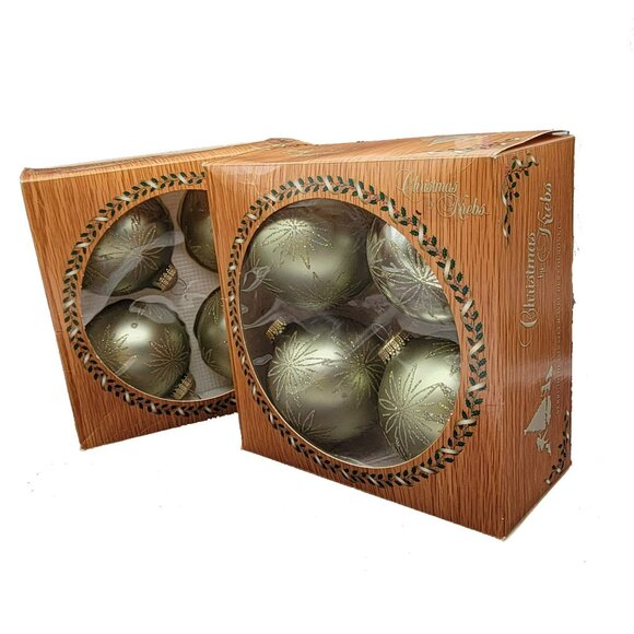 Christmas By Krebs 8 Ornaments 2 Boxes Pale Satin Green & Gold Stars Glitter - Picture 7 of 16